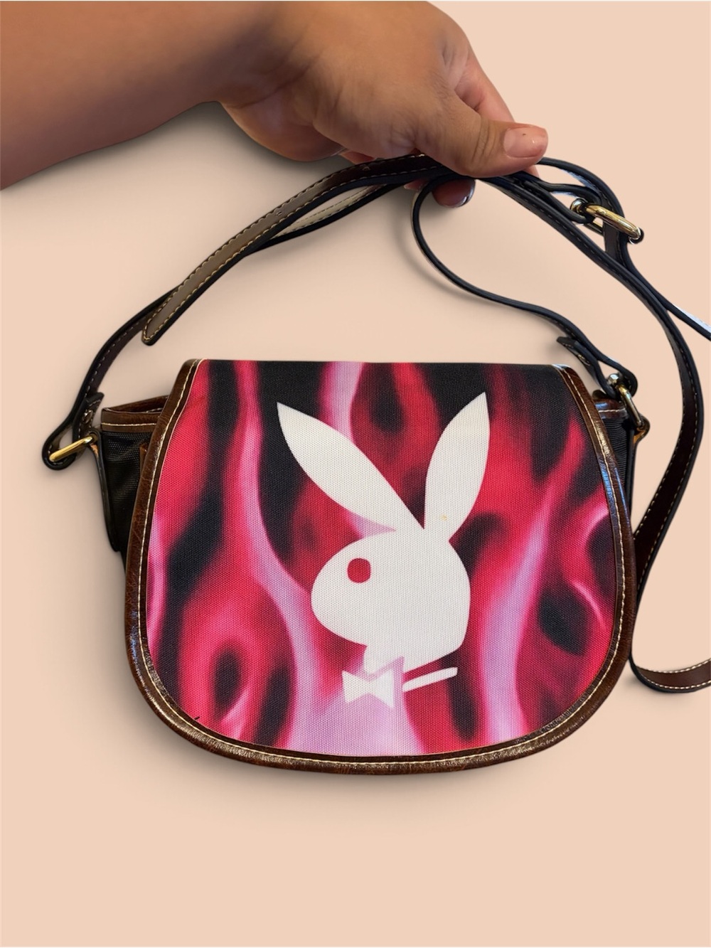 PLAYBOY Pink and Black Flame Crossbody Bag with White Bunny